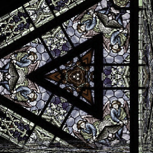 Gothic Rose pattern with hexagonal symmetry, inspired by stained glass windows, in shades of blue, red, and yellow.
