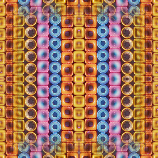 A symmetrical biochemistry pattern showing mirrored purple and gold molecular structures on a dark background.