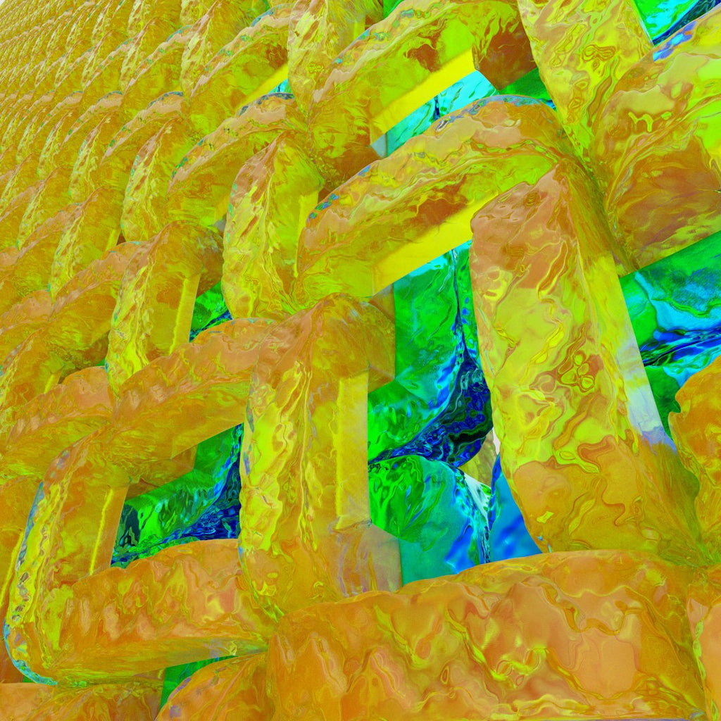 A seamless wallpaper pattern featuring yellow and blue abstract curves arranged in a rotating pinwheel symmetry. — base photo: An original abstract painting by Rick Rothenberg featuring fluid, high-contrast strokes of yellow an