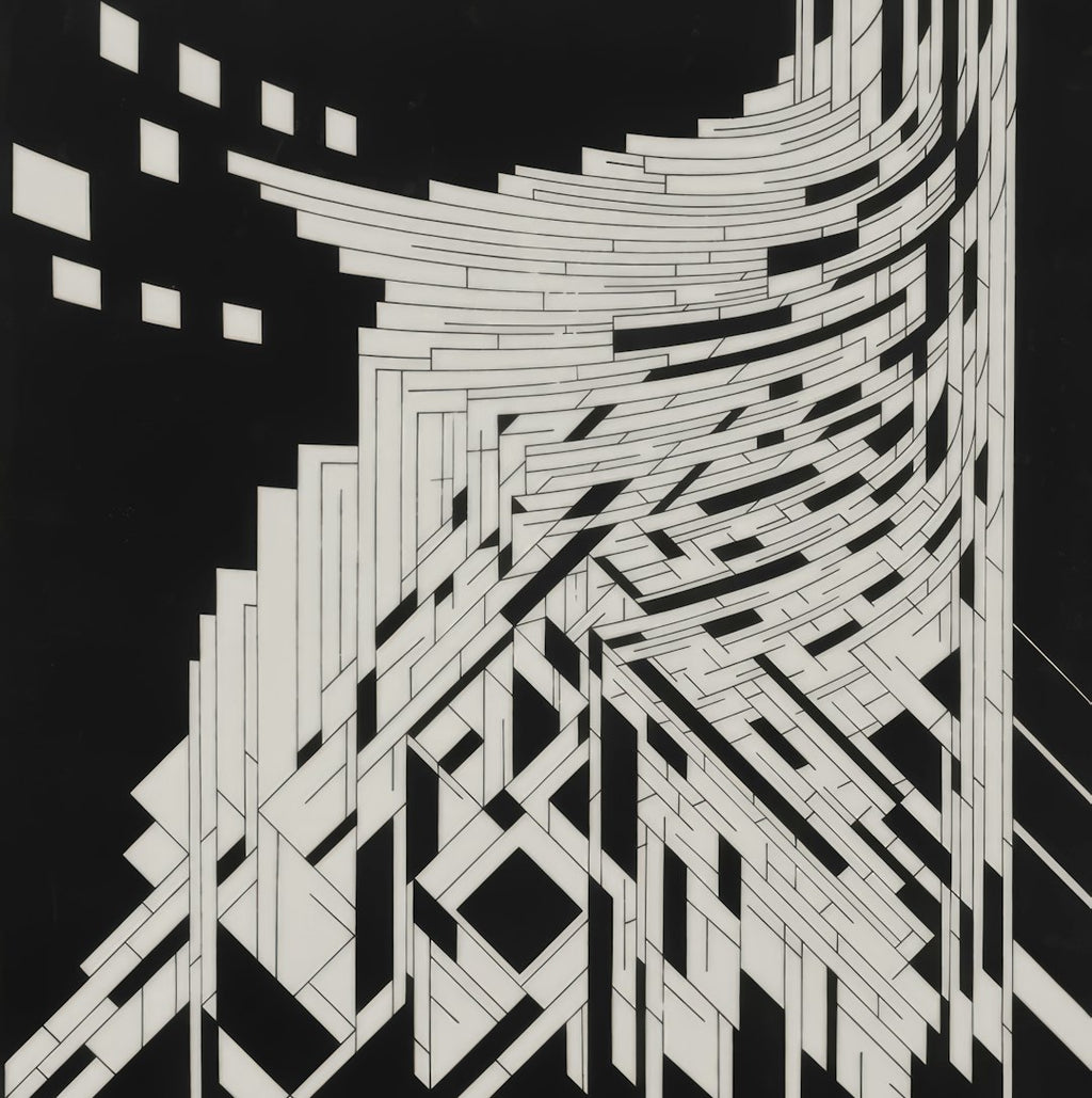 Close-up of Bauhaus Grid Mirror self-adhesive wallpaper pattern, showing clean geometric lines and mirror symmetry. — base photo: A close-up shot showcasing the intricate details of the Bauhaus Grid Mirror wallpaper. The self-adhe