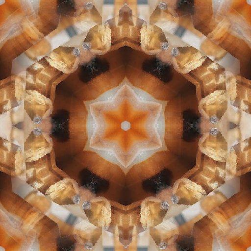 A mesmerizing kaleidoscope pattern derived from a gemstone close-up, featuring repeating geometric shapes in white and brown tones.