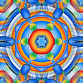 A radial kaleidoscope pattern of glowing blue and gold fibers against a black background with symmetrical digital elements.