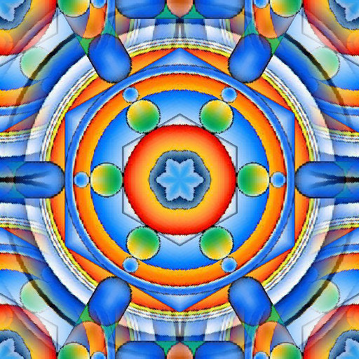 A radial kaleidoscope pattern of glowing blue and gold fibers against a black background with symmetrical digital elements.