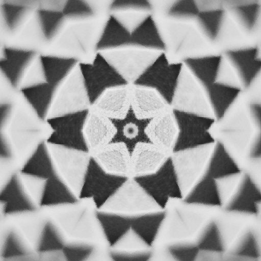 Black and white kaleidoscope pattern inspired by molecular physics and phonon dispersion on a wall.
