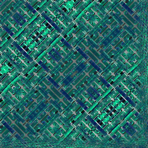 Close-up of a seamless Diamond symmetry wallpaper pattern featuring blue and black stained glass squares in a diagonal grid.