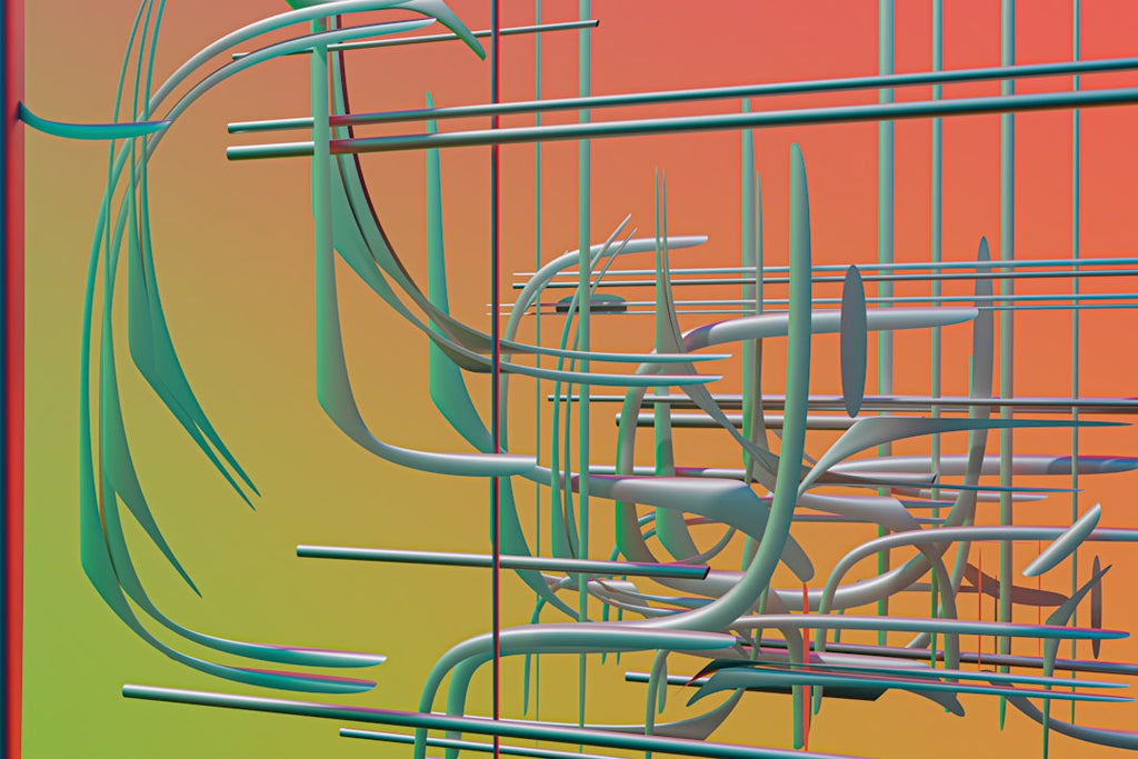 A 3D isometric render abstract pattern with kaleidoscopic symmetry, showcasing geometric shapes and depth. Ideal for modern interior design. — base photo: A sophisticated 3D render featuring abstract geometric shapes and forms, presented with an isometric