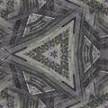 Hexagonal pattern of stained glass, inspired by Gothic cathedral windows, with vibrant colors and intricate geometric shapes, repeating seamlessly.