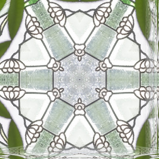 A close-up of a repeating kaleidoscope pattern inspired by leaded stained glass details, with intricate lines and vibrant colors visible.