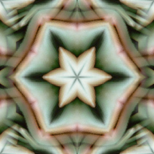 Close-up of a striking geometric pattern derived from Echeveria succulent leaves, featuring intricate green layers and symmetrical 'kaleidoscope' repetition.