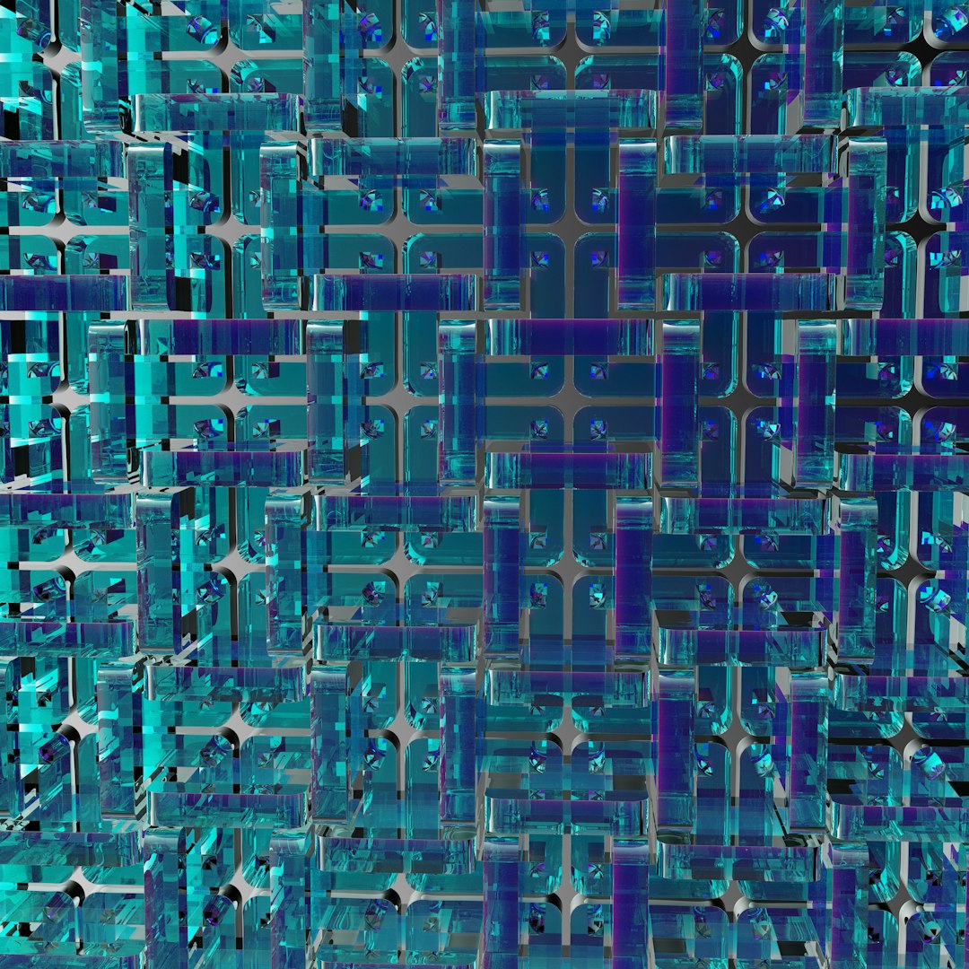 A seamless kaleidoscopic pattern of dark blue and black squares forming a complex geometric stained glass arrangement. — base photo: An original macro photograph by Rick Rothenberg featuring an abstract composition of luminous blue s