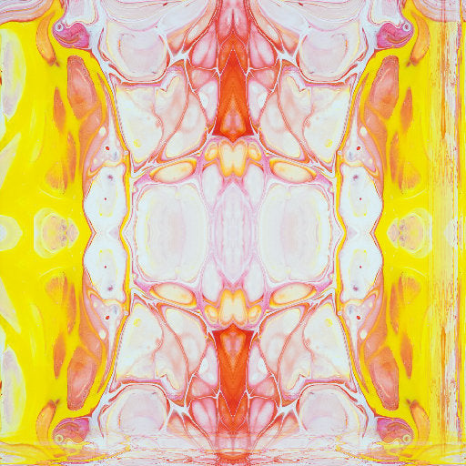 A symmetrical abstract pattern of cyan and teal crystalline shapes mirrored vertically and horizontally on a dark background.