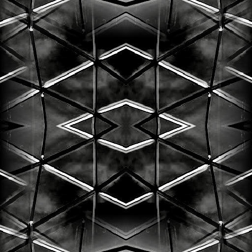 A black and white geometric pattern with mirror symmetry, inspired by geodesic structures and reflective glass ceilings.