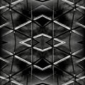 A black and white geometric pattern with mirror symmetry, inspired by geodesic structures and reflective glass ceilings.