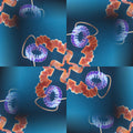 A seamless rotational pattern of golden molecular structures forming a four-way symmetrical spiral on a dark background.