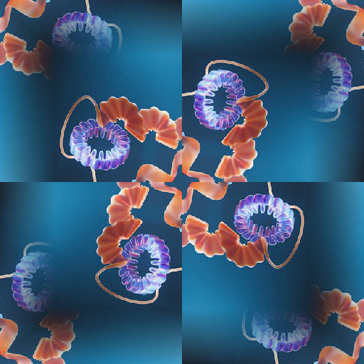 A seamless rotational pattern of golden molecular structures forming a four-way symmetrical spiral on a dark background.