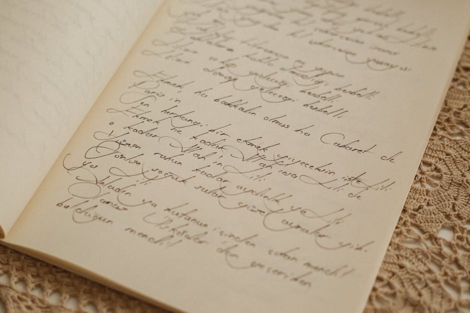 Seamless kaleidoscope wallpaper pattern — Calligraphy by wallpaper⁶ — base photo: Close-up of a vintage journal with elegant cursive handwriting, placed on a lace tablecloth, embodyi