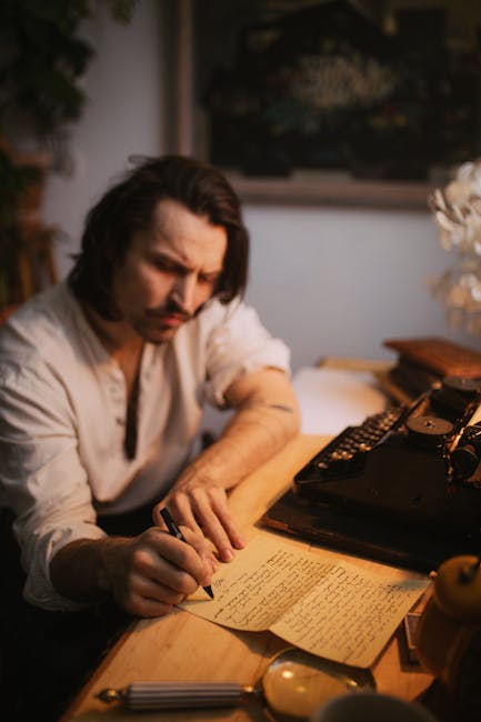 Seamless kaleidoscope wallpaper pattern — Calligraphy by wallpaper⁶ — base photo: A man pens a letter using a typewriter, evoking a vintage writing atmosphere.