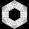 Intricate stained glass pattern with kaleidoscope symmetry, featuring geometric shapes and high contrast light and shadow.