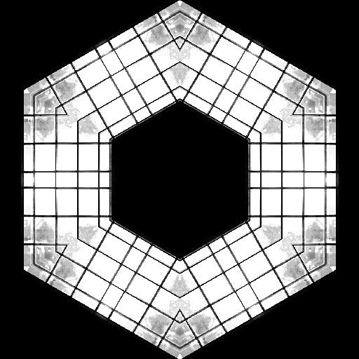 Intricate stained glass pattern with kaleidoscope symmetry, featuring geometric shapes and high contrast light and shadow.