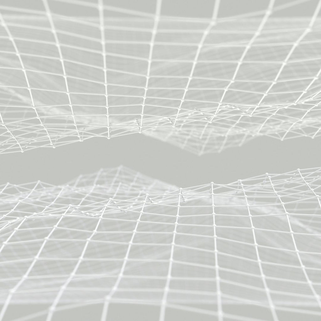 A symmetrical white geometric web of lines and dots on a dark background using Mirror symmetry, creating a technological lattice. — base photo: A high-precision 3D render by D koi featuring white geometric lines and dots representing complex po