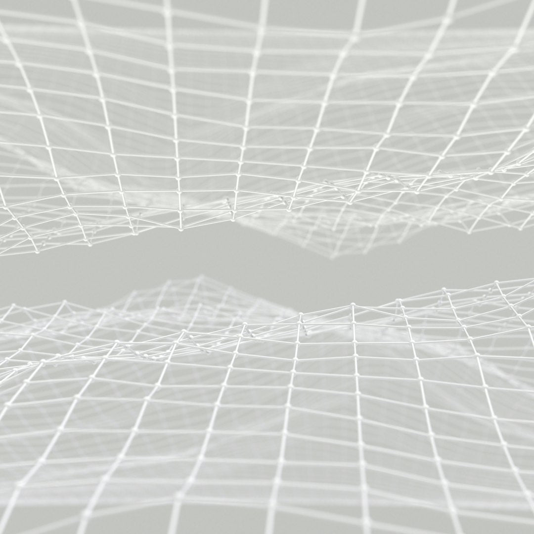 A symmetrical white geometric web of lines and dots on a dark background using Mirror symmetry, creating a technological lattice. — base photo: A high-precision 3D render by D koi featuring white geometric lines and dots representing complex po