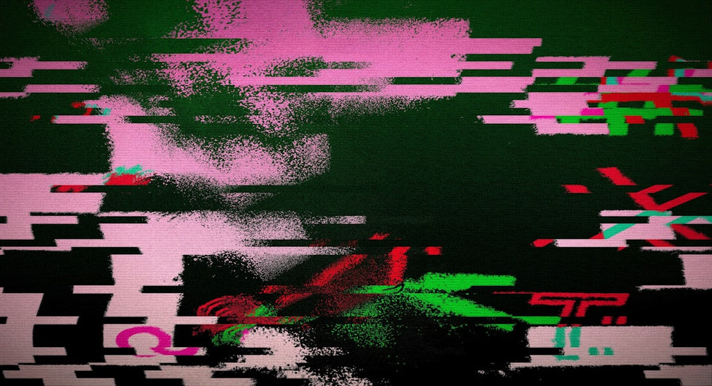 Seamless kaleidoscope wallpaper pattern — Glitch by wallpaper⁶ — base photo: Glitchy abstract background with pink and green digital noise.