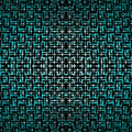 A black and white Op-Art pattern featuring mirrored geometric shapes that create a recursive, 3D tunnel effect.