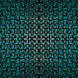 A black and white Op-Art pattern featuring mirrored geometric shapes that create a recursive, 3D tunnel effect.