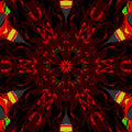 A 3D abstract floral render viewed through a kaleidoscope, creating a repeating geometric pattern of red and green shapes.