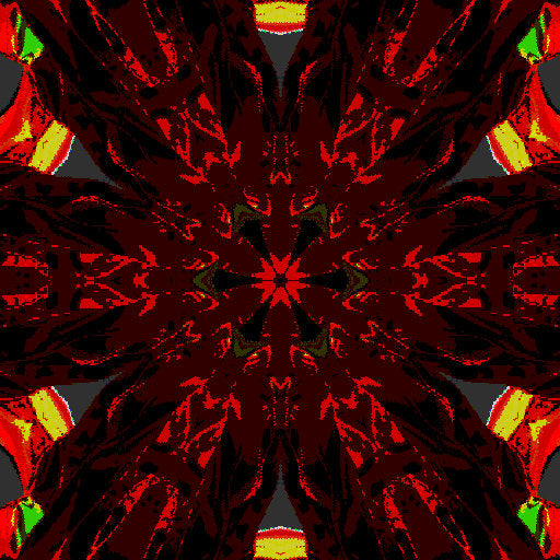 A 3D abstract floral render viewed through a kaleidoscope, creating a repeating geometric pattern of red and green shapes.