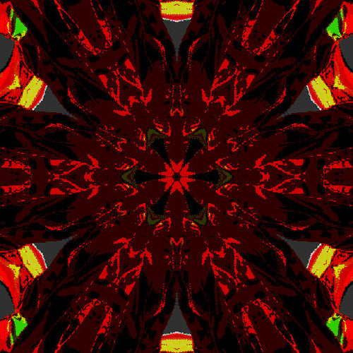 A 3D abstract floral render viewed through a kaleidoscope, creating a repeating geometric pattern of red and green shapes.