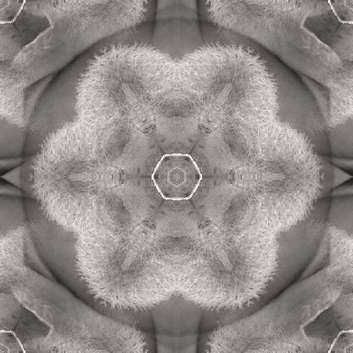Complex kaleidoscope pattern of a golden-crowned figure with mechanical details, creating a rhythmic radial floral design.