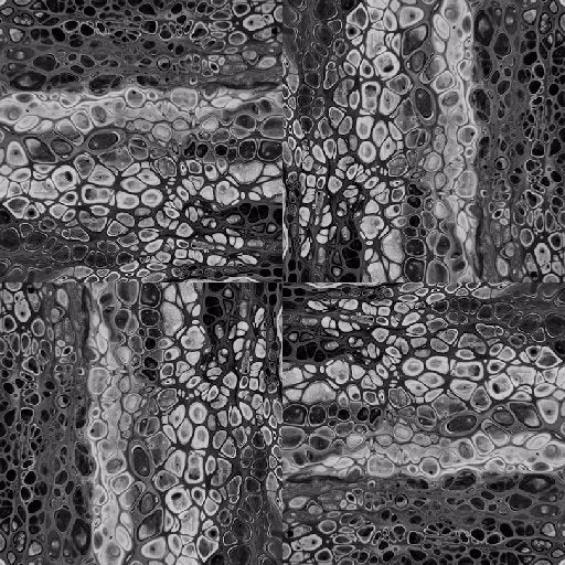 Abstract Rothko-esque pattern of swirling black and white acrylic pour, resembling water bubbles, in a rotational repeat.