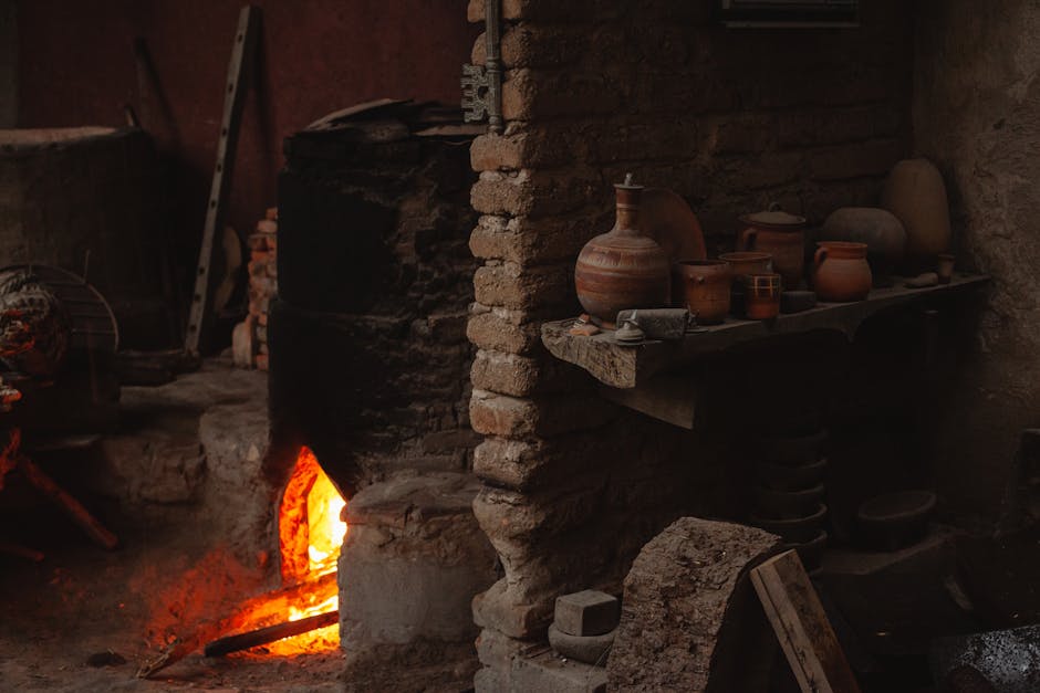 Algorithms Diamond wallpaper pattern — base photo: Warm and cozy traditional workshop with a glowing pottery furnace and handcrafted pottery.