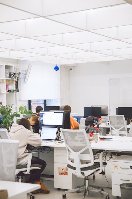 Seamless hex wallpaper pattern — Biochemistry by wallpaper⁶ — base photo: Bright modern office interior with employees working on computers. Ideal for business and productivi