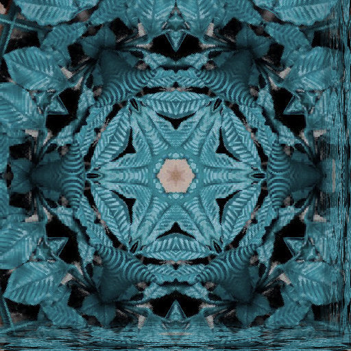 Close-up of a decorative stained glass window with a blue metallic leaf design, showcased in a kaleidoscope repeat pattern for wallpaper.
