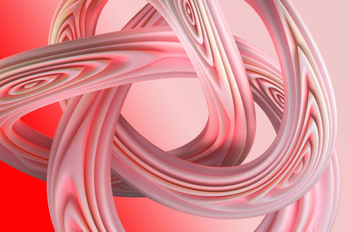 Close-up of a digital pattern showing an intricate arrangement of 3D isometric pink and white swirls in a kaleidoscopic repeat, by Irene Demetri. — base photo: A computer-generated digital artwork showcasing a hypnotic swirl of pink and white hues. Rendered wi