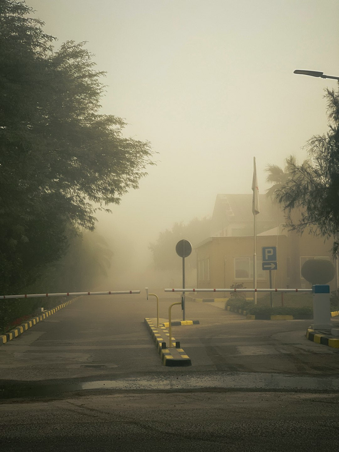 Meteorology Diamond wallpaper pattern — base photo: a foggy street in front of a yellow building