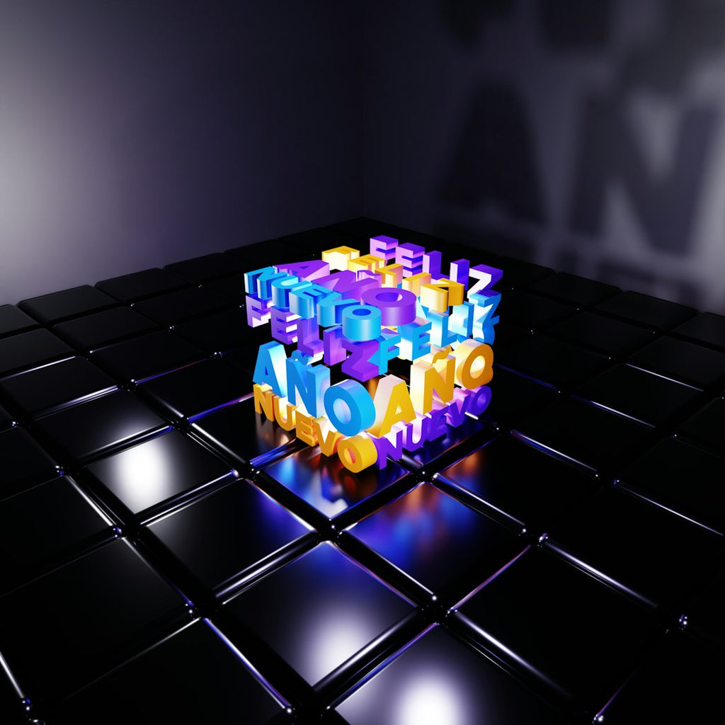 A colorful mirrored pattern of geometric cubes and algebra formulas on a black background, showcasing intricate Mirror symmetry. — base photo: A professionally captured image of a brightly colored cube resting on a dark, reflective surface, su
