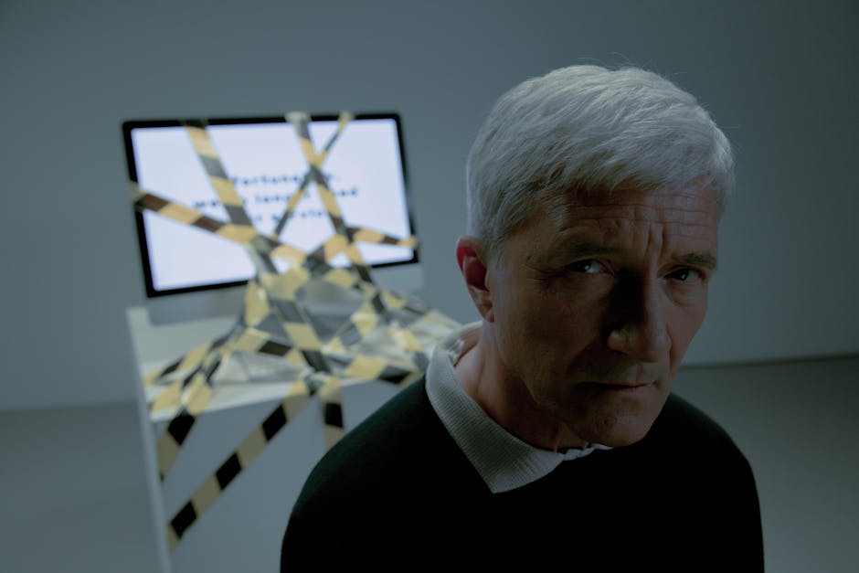 Seamless kaleidoscope wallpaper pattern — Glitch by wallpaper⁶ — base photo: A senior man looks concerned, standing near a computer covered in caution tape, symbolizing job unce