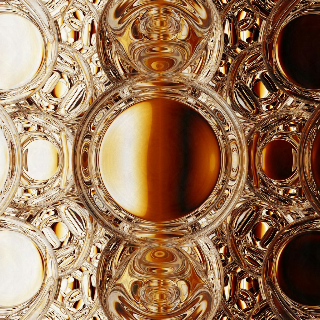 A symmetrical kaleidoscope pattern of golden stained glass shards and dark lead lines in a repeating geometric mosaic. — base photo: A meticulous close-up by Rick Rothenberg showcasing gold-colored glass segments held together by dar