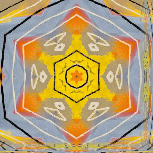 A colorful kaleidoscope pattern featuring radial symmetry with sharp geometric edges and soft rainbow gradients.
