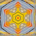 A colorful kaleidoscope pattern featuring radial symmetry with sharp geometric edges and soft rainbow gradients.