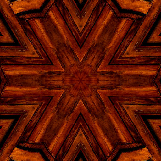 Ornate Stained Glass pattern with kaleidoscope symmetry, featuring a wooden sunburst design on a dark background in vibrant jewel tones.