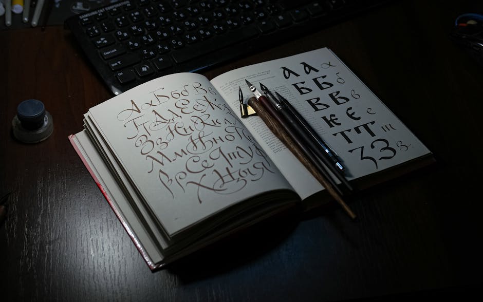 Seamless mirror wallpaper pattern — Calligraphy by wallpaper⁶ — base photo: Open book showing Cyrillic calligraphy with quill pens on a desk, ideal for art and language themes.