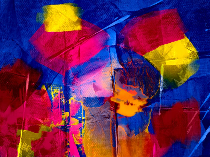 Portraits Mirror wallpaper pattern — base photo: Colorful abstract painting with vibrant strokes in blue, yellow, red, and pink, evoking dynamic expr