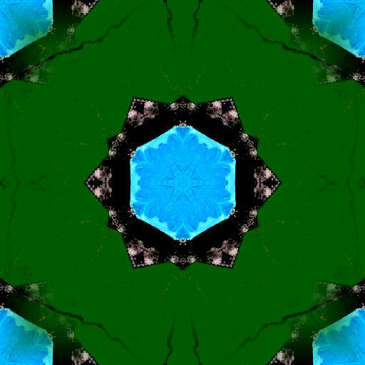A vibrant, symmetrical kaleidoscope pattern created from segments of colourful stained glass, featuring leaded glass-inspired lines.