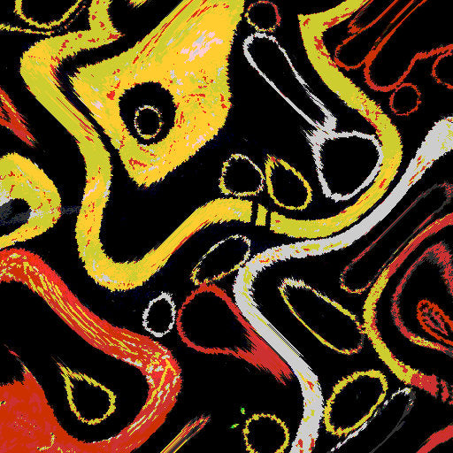 Abstract wallpaper pattern of interlocking orange and yellow Borromean Rings forming a wave on a black background, inspired by Topology.