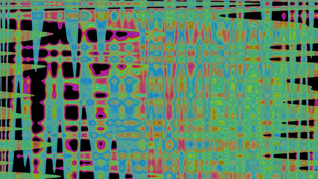 A holographic glitch pattern with kaleidoscope symmetry, featuring dripping metallic textures and vibrant, distorted colors for a modern, artistic wallpaper. — base photo: A digital render showcasing a 'Hologram Glitch' effect with fluid, dripping metallic textures, artfu