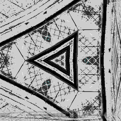 Close-up of hexagonal leaded glass pattern in black and white, inspired by Gothic architecture, in a stone window frame.